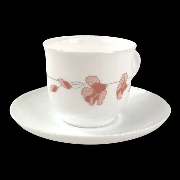 Arcopal Linette Set of 4 Cup & Saucers France White Peach Flowers Gray Stems - Picture 3 of 6